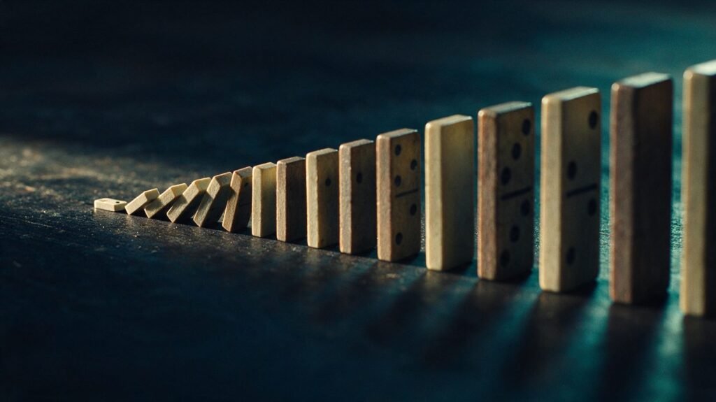 Atomic Habits Summary: 20 Chapters, 20 Things to Do This Week A line of dominoes growing larger, the first one tipping over
