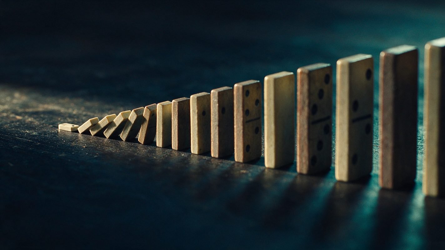 Atomic Habits Summary: 20 Chapters, 20 Things to Do This Week A line of dominoes growing larger, the first one tipping over