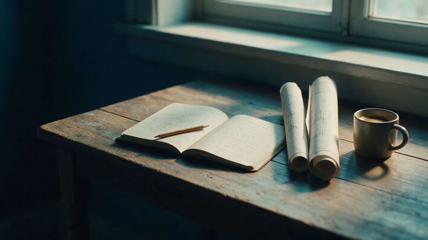 Why I wanted a place to write An open notebook and architectural drawings on a table by a window