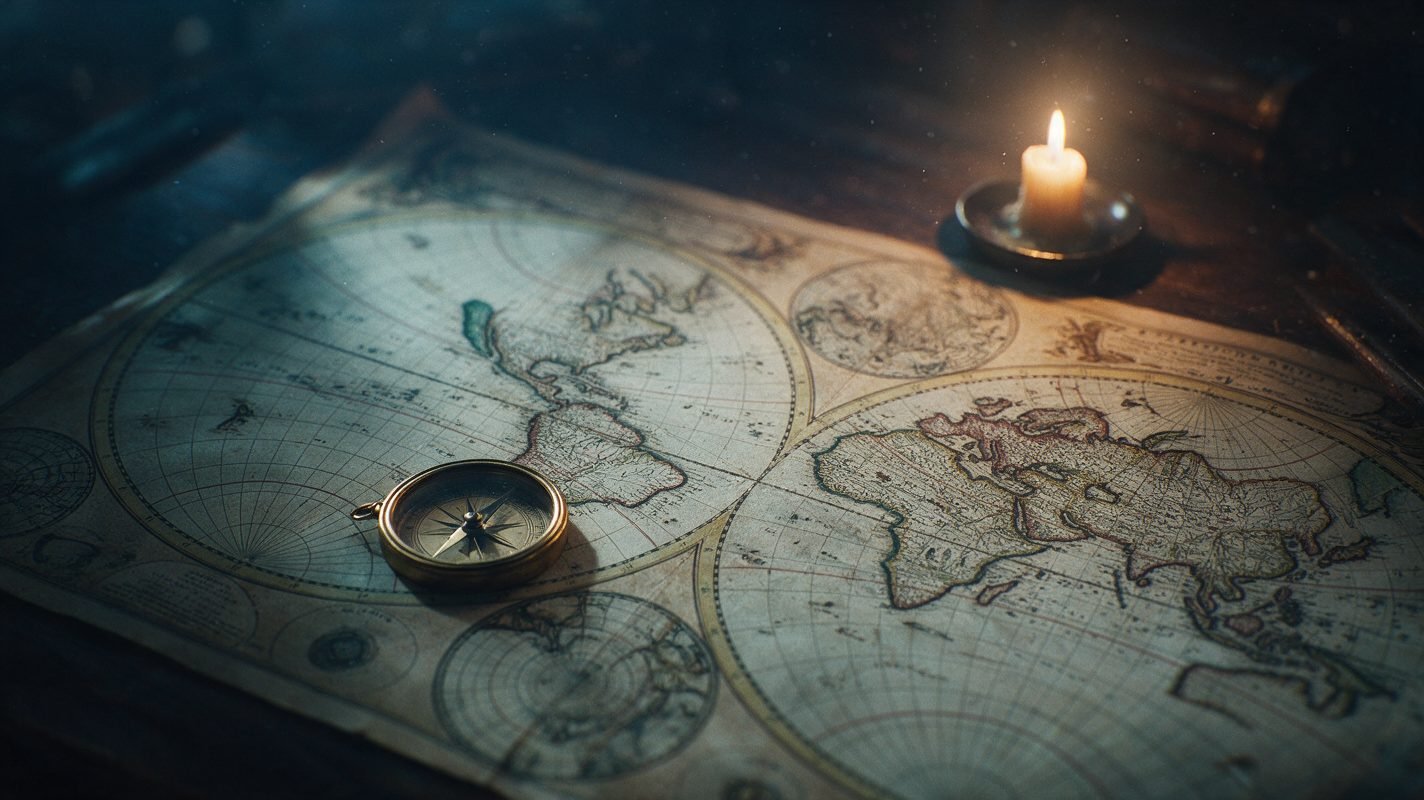 An antique world map on a wooden desk with a compass and candle
